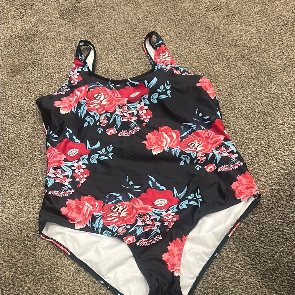 Black and Red One Piece Swimsuit with Floral Design